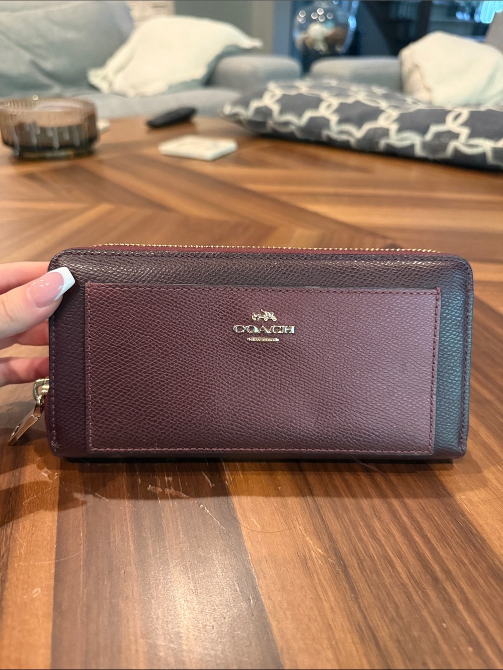 Coach Zip Wallet in Burgundy and Dark Brown Leather